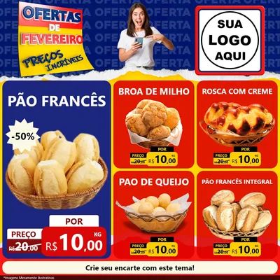 Modelo de Rede Social para Feed Facebook com o tema Ofertas de Fevereiro - Preços Incríveis para Padaria