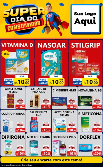 Modelo de Encarte para Encarte Grande com o tema Super Dia do Consumidor para Farmácia