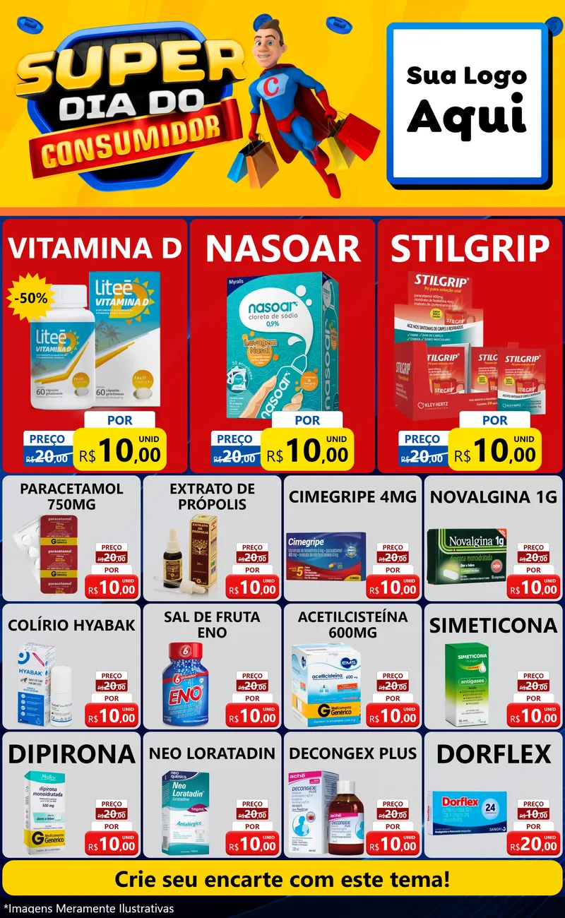 Modelo de Encarte para Encarte Grande com o tema Super Dia do Consumidor para Farmácia