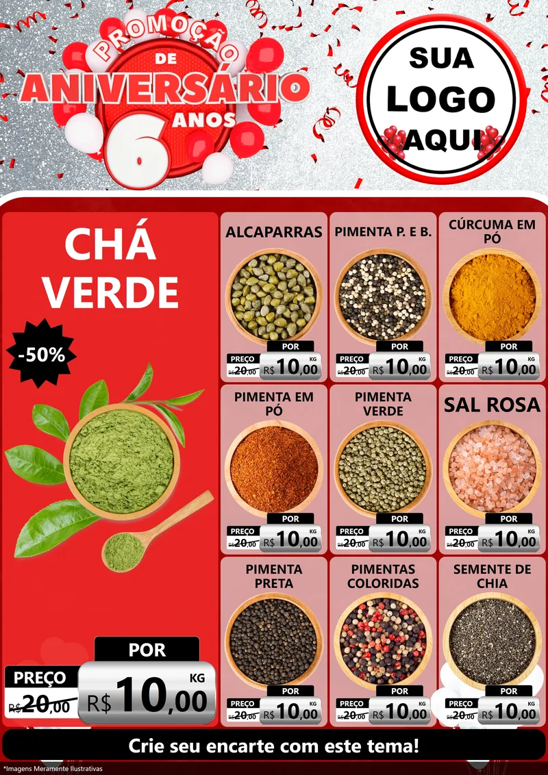Modelo de Encarte para Encarte A4 Vertical com o tema Promoção de Aniversário - 6 Anos para Produtos Naturais