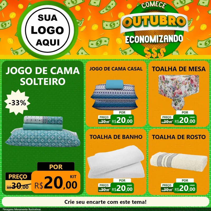 Modelo de Rede Social para Feed Facebook com o tema Comece Outubro Economizando para Cama, Mesa e Banho