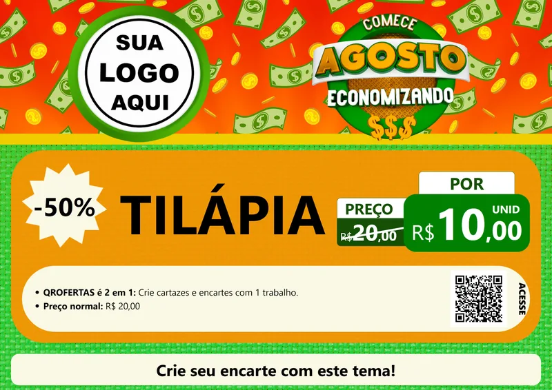 Modelo de Cartaz para Cartaz A4 Horizontal com o tema Comece Agosto Economizando para Peixaria