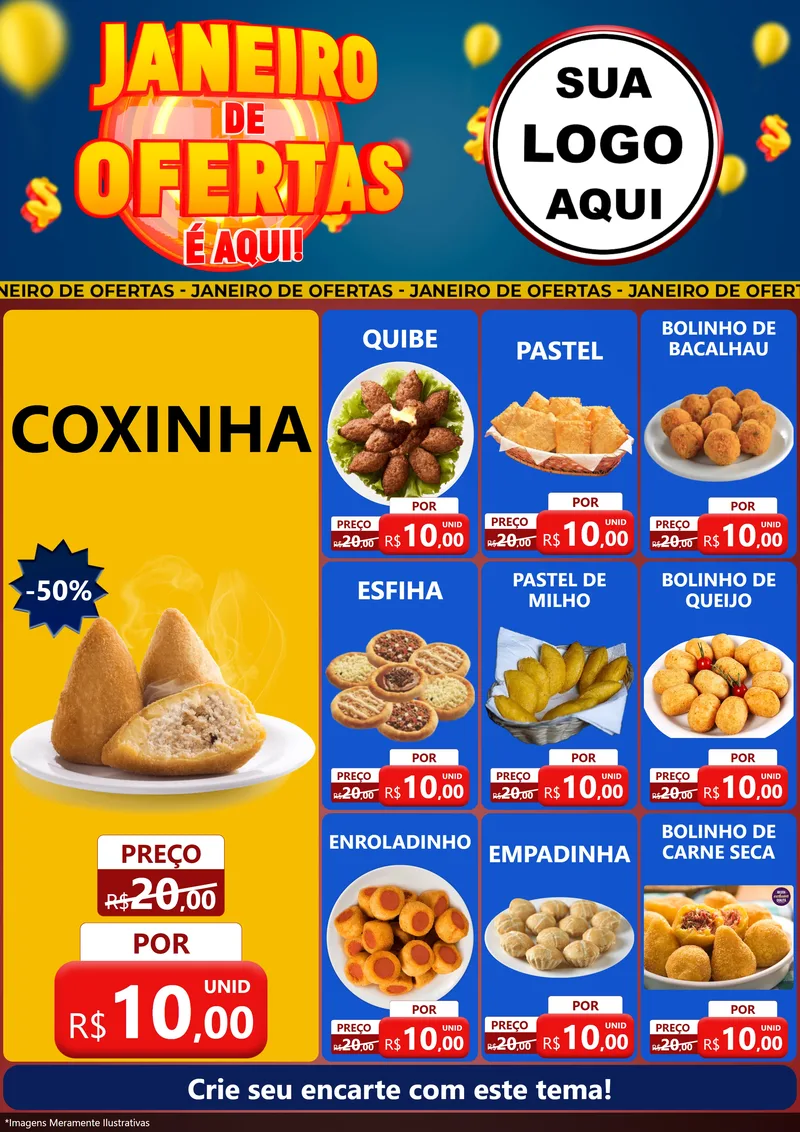 Modelo de Encarte para Encarte A4 Vertical com o tema Janeiro de Ofertas É Aqui! para Salgadaria