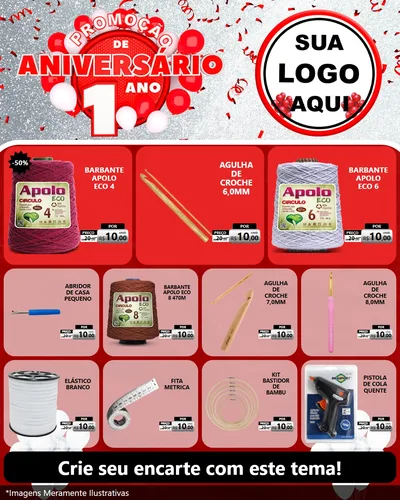 Modelo de Rede Social para Feed Instagram com o tema Promoção de Aniversário - 1 Ano para Armarinho e Aviamentos