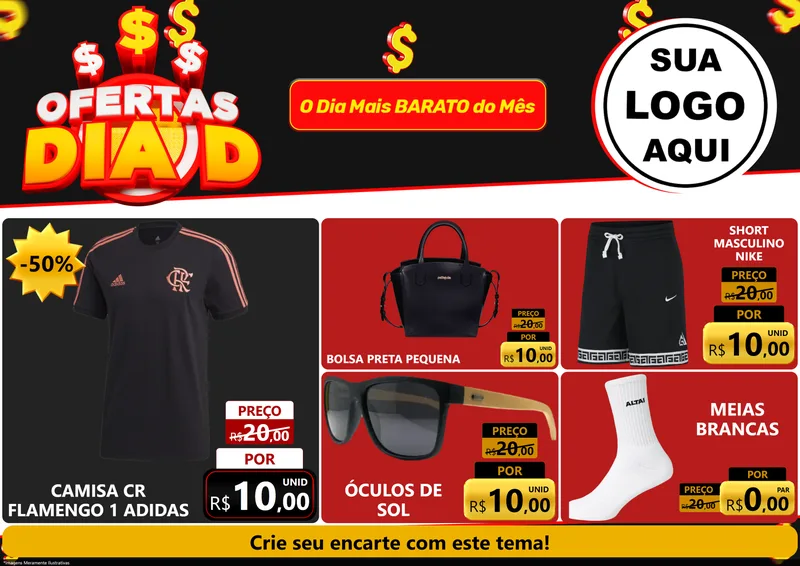 Modelo de Encarte para Encarte A4 Horizontal com o tema Ofertas Dia D para Roupas e acessórios