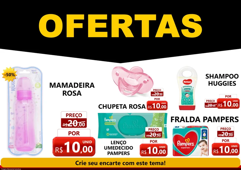 Modelo de Encarte para Encarte A4 Horizontal com o tema Ofertas Preto e Vermelho Cartaz para Bebês