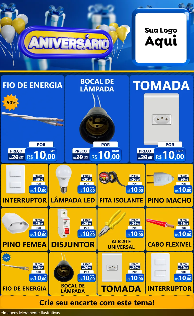 Modelo de Encarte para Encarte Grande com o tema Aniversário para Materiais Elétricos