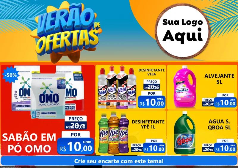 Modelo de Encarte para Encarte A4 Horizontal com o tema Verão de Ofertas para Produtos de Limpeza