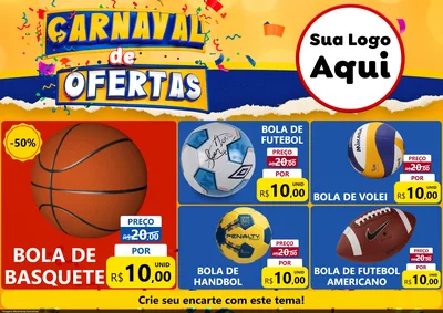 Modelo de Encarte para Encarte A4 Horizontal com o tema Carnaval de Ofertas para Artigos Esportivos