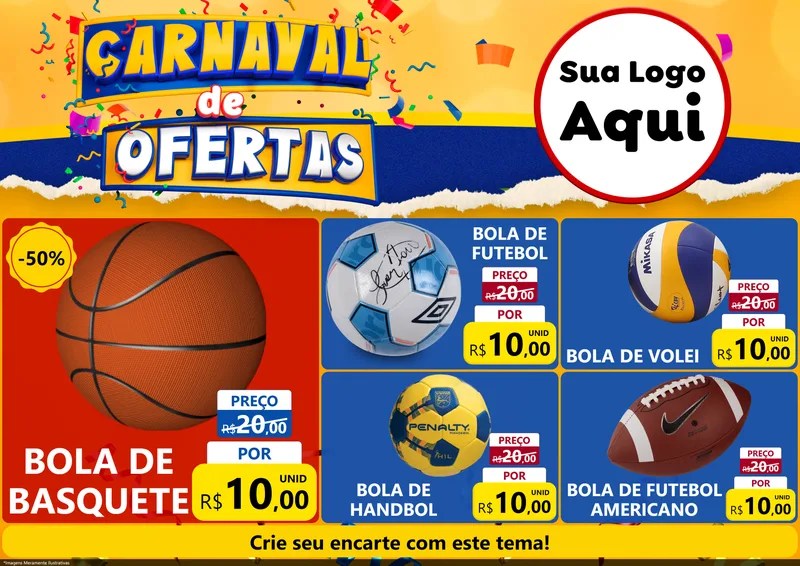 Modelo de Encarte para Encarte A4 Horizontal com o tema Carnaval de Ofertas para Artigos Esportivos