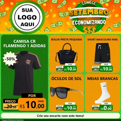 Modelo de Rede Social para Feed Facebook com o tema Comece Setembro Economizando para Roupas e acessórios
