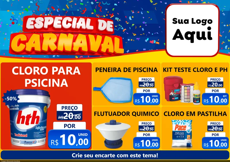 Modelo de Encarte para Encarte A4 Horizontal com o tema Especial de Carnaval para Produtos para Piscina