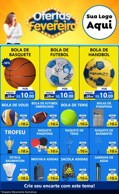 Modelo de Encarte para Encarte Grande com o tema Ofertas de Fevereiro para Artigos Esportivos