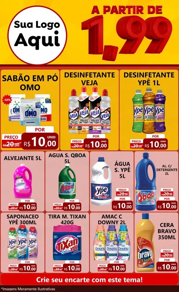 Modelo de Encarte para Encarte Grande com o tema A Partir de Um e Noventa e Nove - 1,99 para Produtos de Limpeza