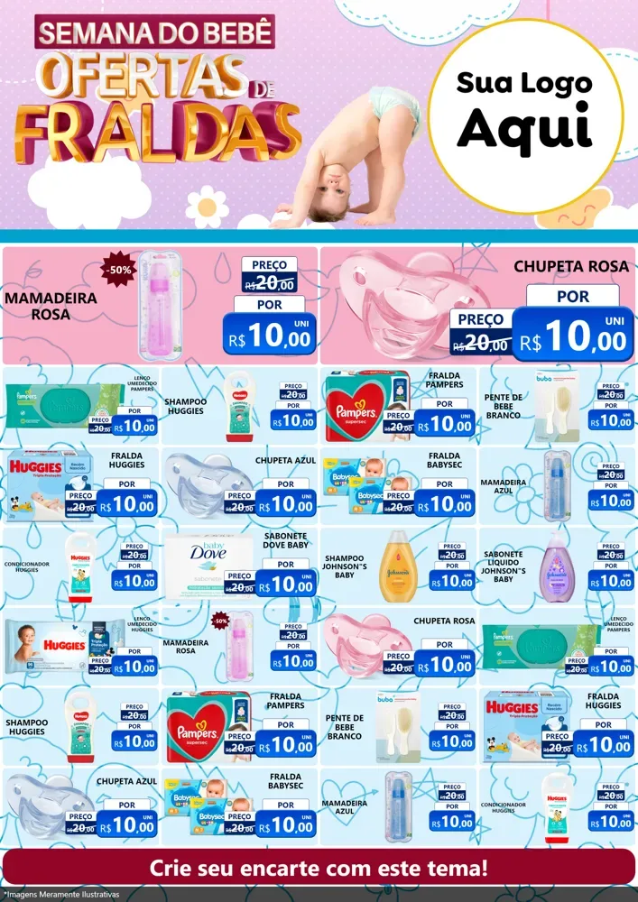 Modelo de Encarte para Encarte A4 Vertical com o tema Semana do Bebê - Ofertas de Fraldas para Bebês