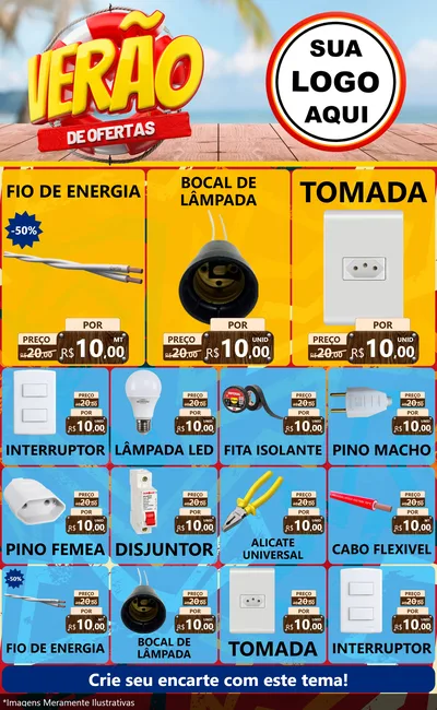 Modelo de Encarte para Encarte Grande com o tema Verão de Ofertas para Materiais Elétricos