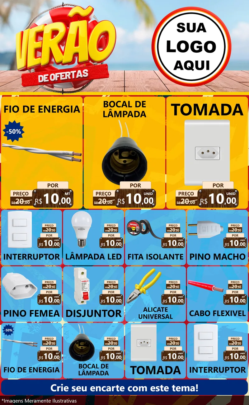 Modelo de Encarte para Encarte Grande com o tema Verão de Ofertas para Materiais Elétricos
