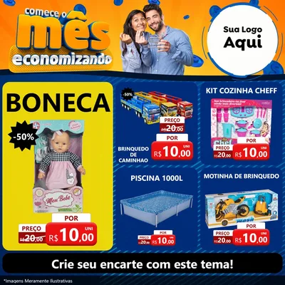 Modelo de Rede Social para Feed Facebook com o tema Comece O Mês Economizando para Brinquedos