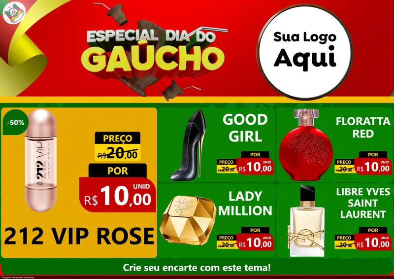 Modelo de Encarte para Encarte A4 Horizontal com o tema Especial Dia do Gaúcho para Perfumes