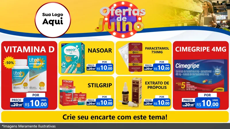 Modelo de TV para TV Horizontal com o tema Ofertas de Julho para Farmácia