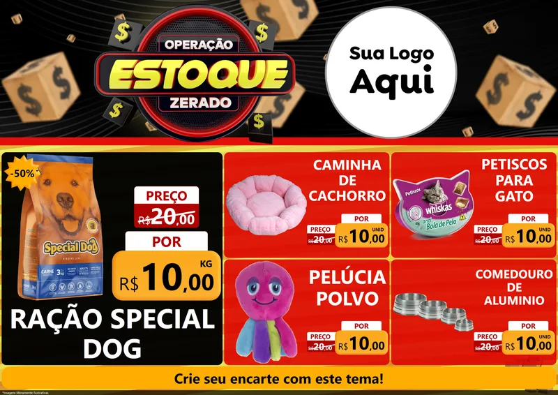 Modelo de Encarte para Encarte A4 Horizontal com o tema Operação Estoque Zerado para Pet Shop