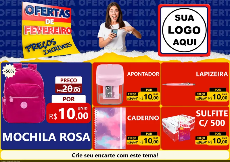 Modelo de Encarte para Encarte A4 Horizontal com o tema Ofertas de Fevereiro - Preços Incríveis para Papelaria