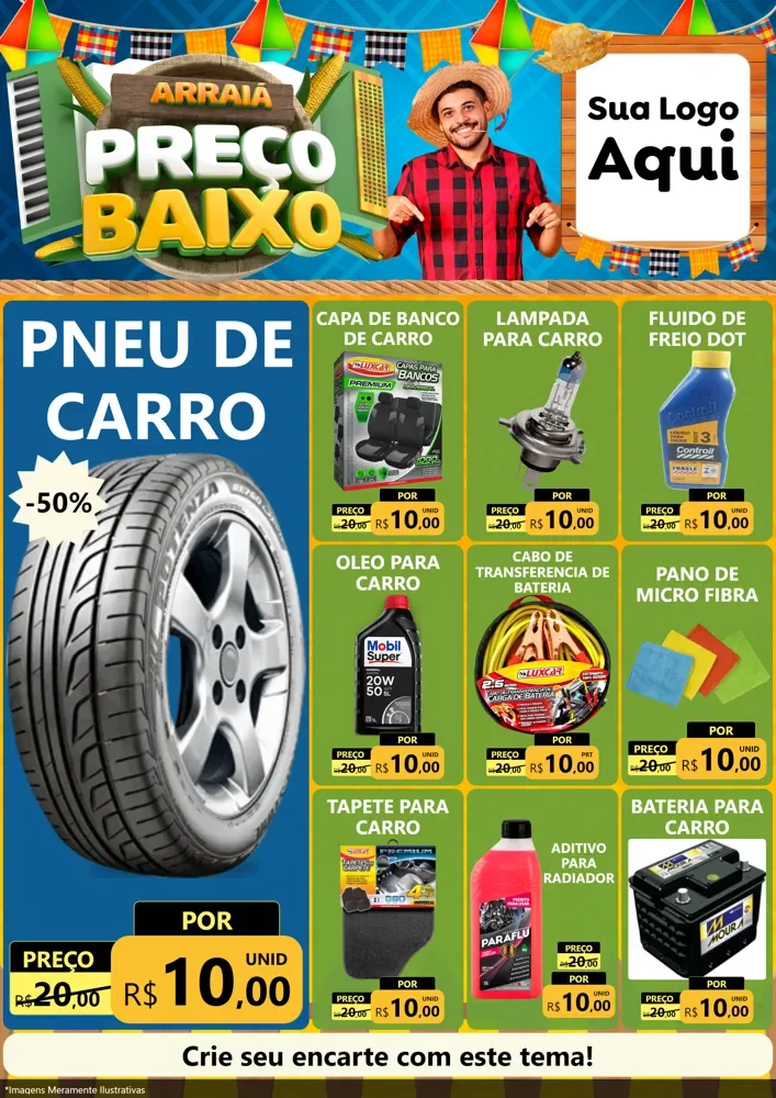 Modelo de Encarte para Encarte A4 Vertical com o tema Arraiá de Preço Baixo - Junina para Auto peças