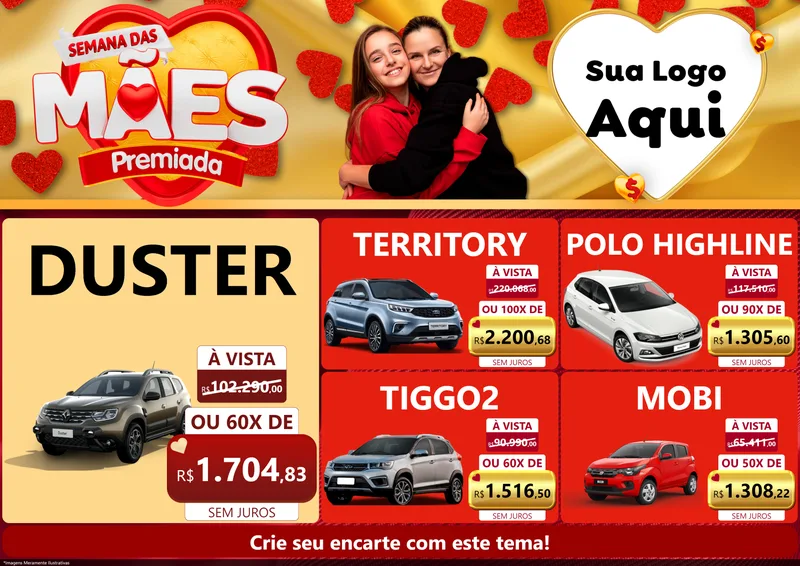Modelo de Encarte para Encarte A4 Horizontal com o tema Semana das Mães Premiada para Concessionaria de Carros