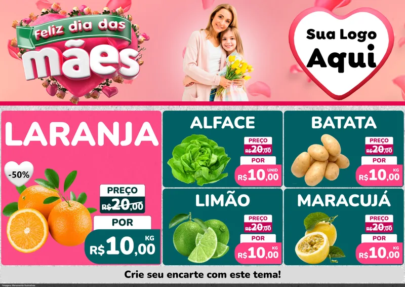 Modelo de Encarte para Encarte A4 Horizontal com o tema Feliz Dia das Mães para Hortifrúti