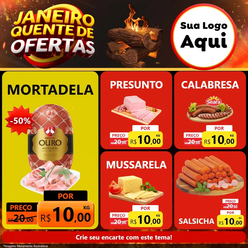 Modelo de Rede Social para Feed Facebook com o tema Janeiro Quente de Ofertas para Frios e Laticínios