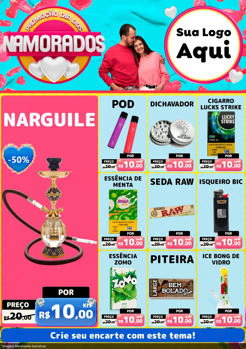 Modelo de Encarte para Encarte A4 Vertical com o tema Promoção Dia dos Namorados para Tabacaria