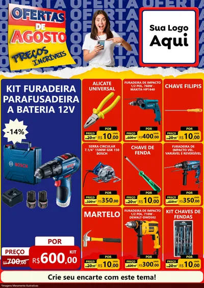 Modelo de Encarte para Encarte A4 Vertical com o tema Ofertas de Agosto - Preços Incríveis para Maquinas e Ferramentas