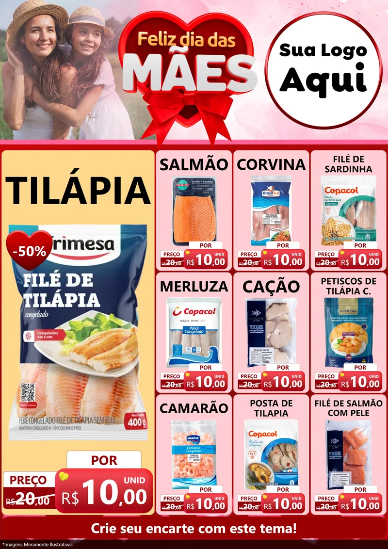 Modelo de Encarte para Encarte A4 Vertical com o tema Feliz Dia Das Mães para Peixaria