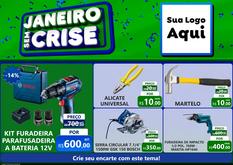 Modelo de Encarte para Encarte A4 Horizontal com o tema Janeiro Sem Crise para Maquinas e Ferramentas