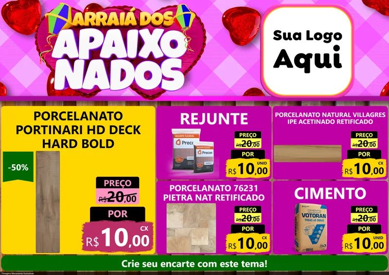 Modelo de Encarte para Encarte A4 Horizontal com o tema Arraiá dos Apaixonados para Pisos e revestimentos