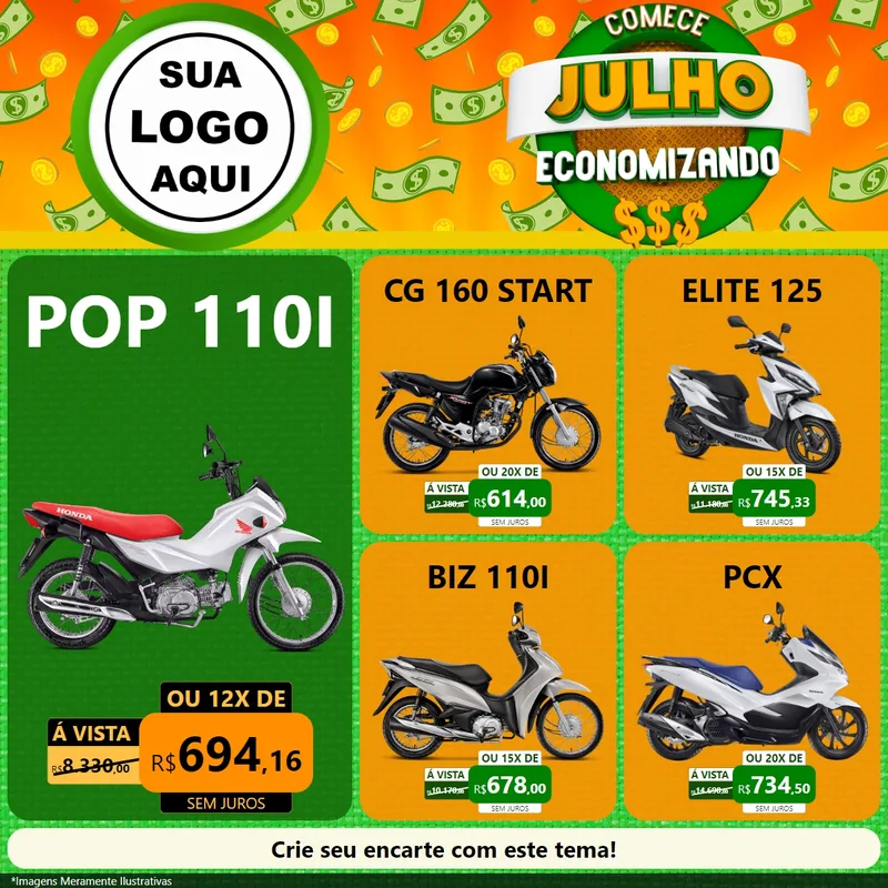 Modelo de Rede Social para Feed Facebook com o tema Comece Julho Economizando para Concessionaria de Motos