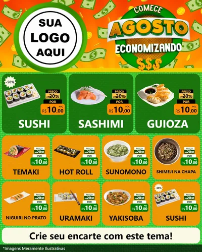 Modelo de Rede Social para Feed Instagram com o tema Comece Agosto Economizando para Comida japonesa