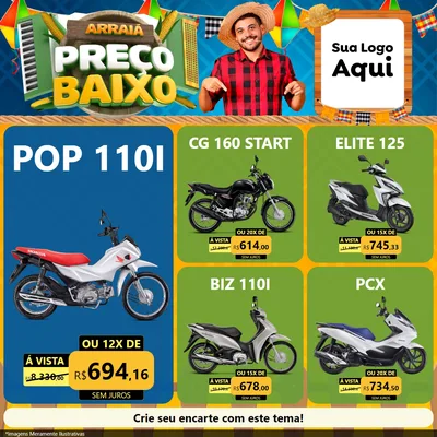 Modelo de Rede Social para Feed Facebook com o tema Arraiá de Preço Baixo - Junina para Concessionaria de Motos