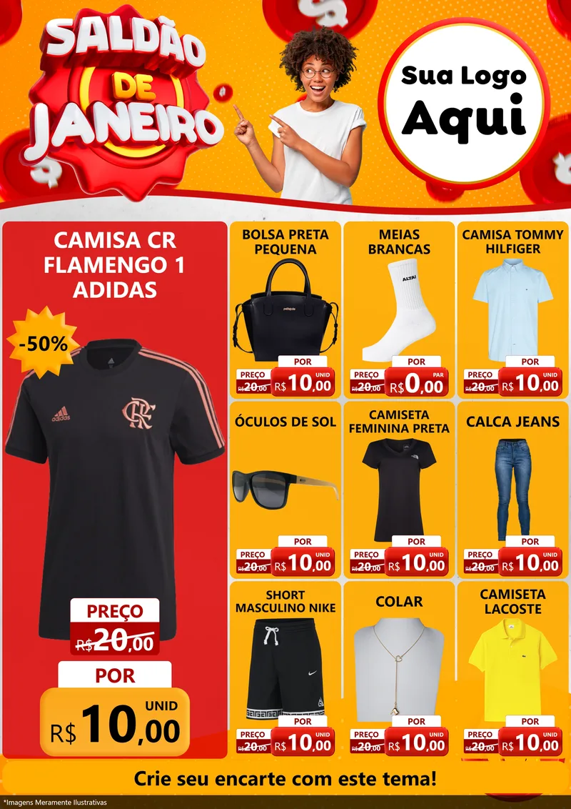 Modelo de Encarte para Encarte A4 Vertical com o tema Saldão de Janeiro para Roupas e acessórios