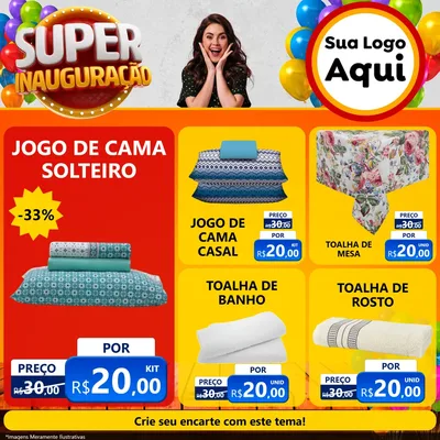 Modelo de Rede Social para Feed Facebook com o tema Super Inauguração para Cama, Mesa e Banho