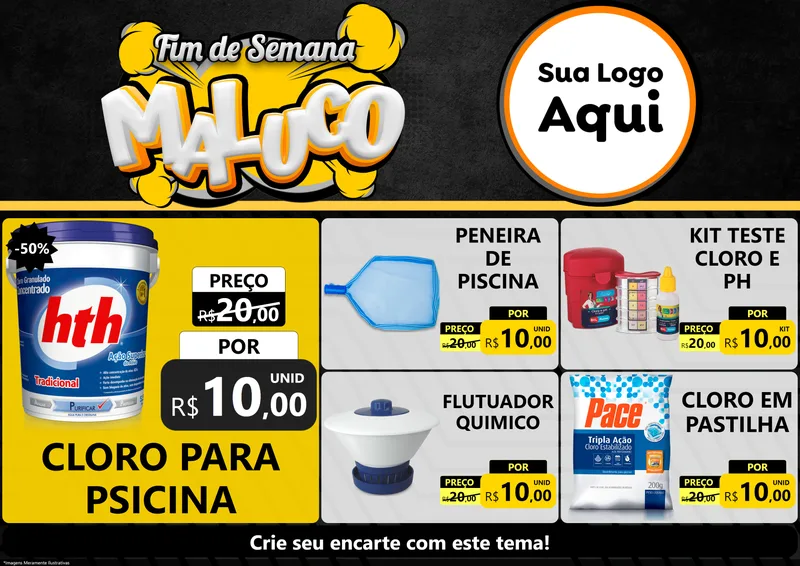Modelo de Encarte para Encarte A4 Horizontal com o tema Fim de Semana Maluco para Produtos para Piscina