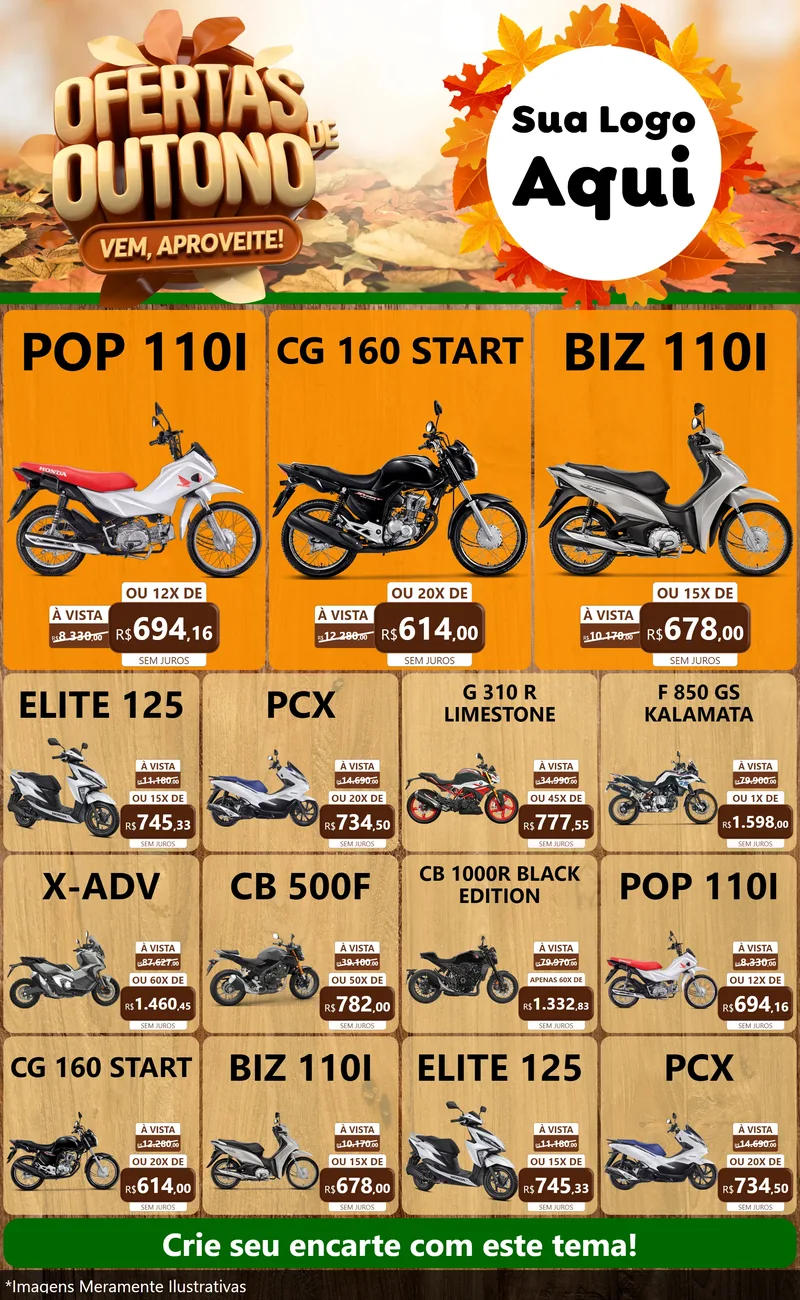 Modelo de Encarte para Encarte Grande com o tema Ofertas de Outono - Vem, Aproveite! para Concessionaria de Motos