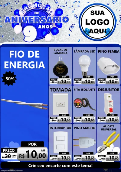 Modelo de Encarte para Encarte A4 Vertical com o tema Promoção de Aniversário - 9 Anos para Materiais Elétricos