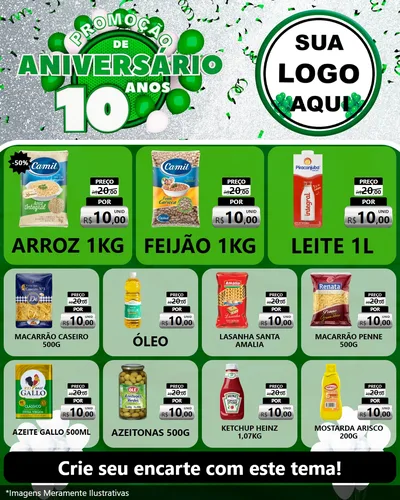 Modelo de Rede Social para Feed Instagram com o tema Promoção de Aniversário - 10 Anos para Supermercado