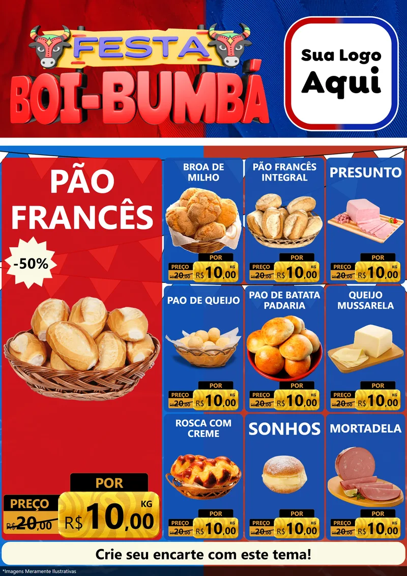 Modelo de Encarte para Encarte A4 Vertical com o tema Festa Boi Bumbá para Padaria