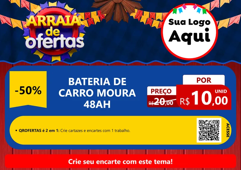Modelo de Cartaz para Cartaz A4 Horizontal com o tema Arraiá de Ofertas para Baterias Elétricas