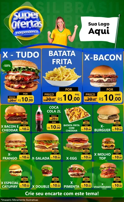 Modelo de Encarte para Encarte Grande com o tema Super Ofertas de Independência para Hamburgueria