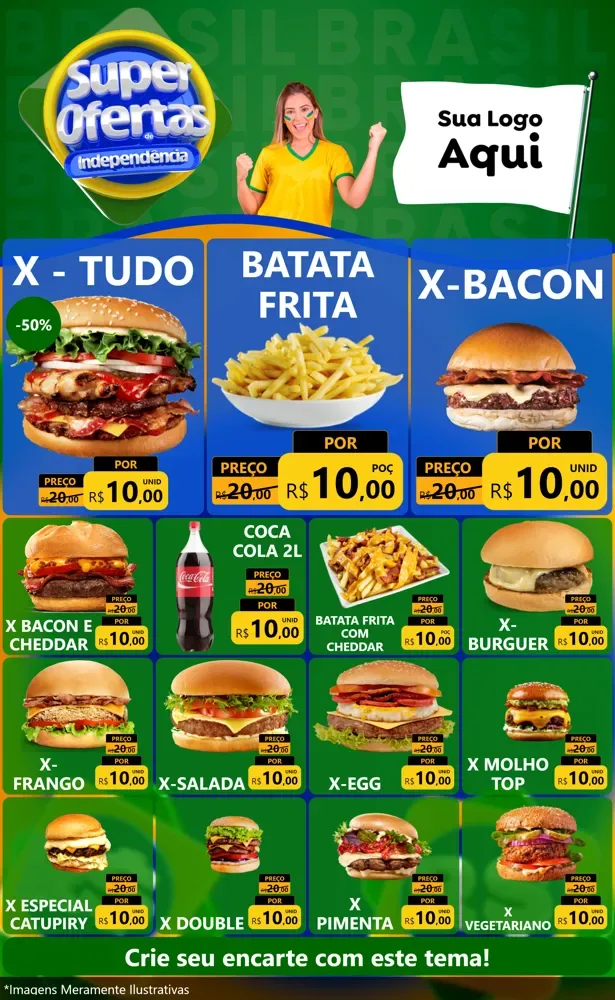 Modelo de Encarte para Encarte Grande com o tema Super Ofertas de Independência para Hamburgueria