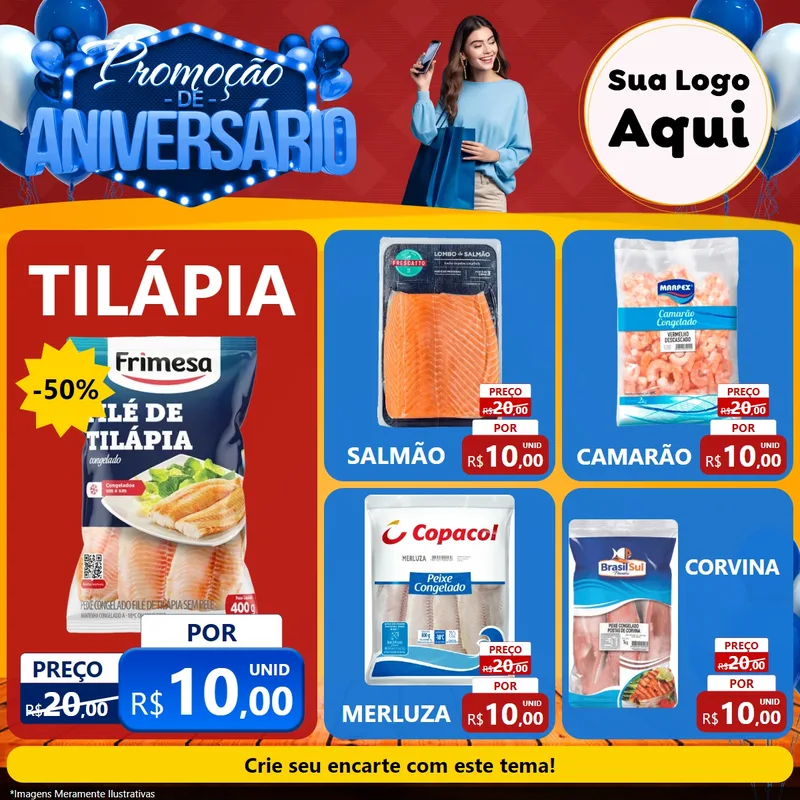 Modelo de Rede Social para Feed Facebook com o tema Promoção de Aniversário para Peixaria