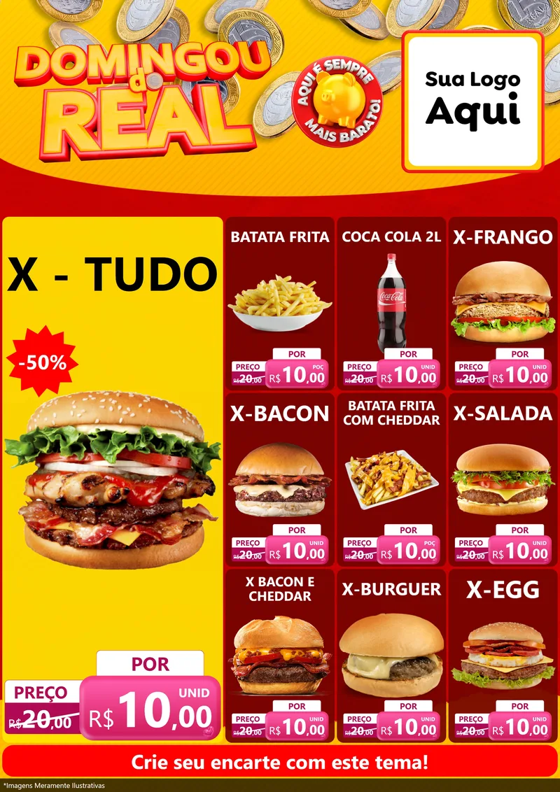 Modelo de Encarte para Encarte A4 Vertical com o tema Domingou do Real para Hamburgueria
